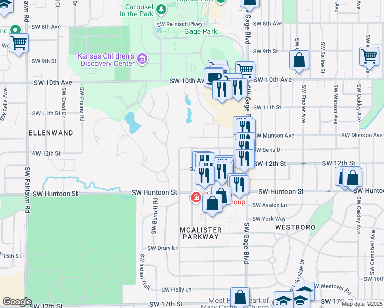 map of restaurants, bars, coffee shops, grocery stores, and more near 1150 Southwest Hillsdale Street in Topeka