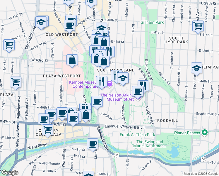 map of restaurants, bars, coffee shops, grocery stores, and more near 4420 Warwick Boulevard in Kansas City