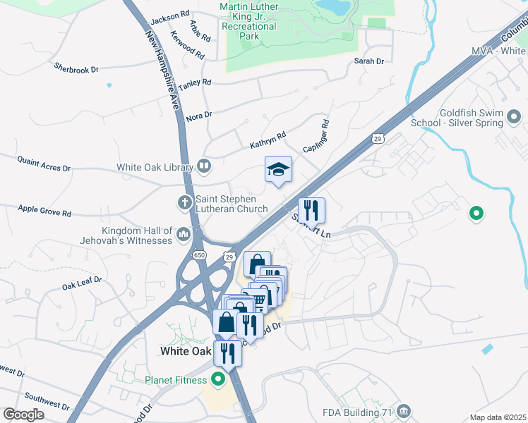 map of restaurants, bars, coffee shops, grocery stores, and more near 1150 Milestone Drive in Silver Spring