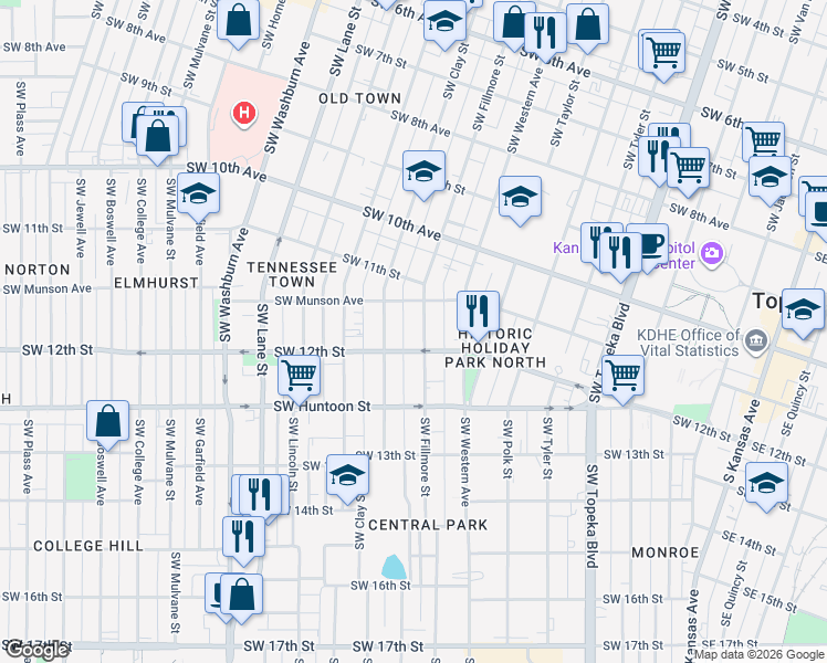 map of restaurants, bars, coffee shops, grocery stores, and more near 1185 Southwest Fillmore Street in Topeka