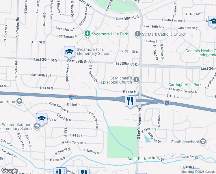 map of restaurants, bars, coffee shops, grocery stores, and more near 15932 East 41st Street South in Independence