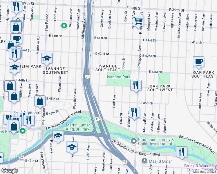 map of restaurants, bars, coffee shops, grocery stores, and more near 4401 Brooklyn Avenue in Kansas City