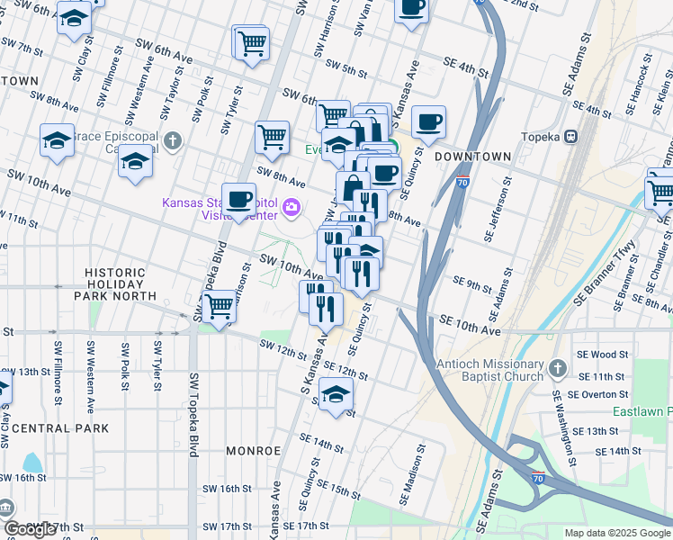 map of restaurants, bars, coffee shops, grocery stores, and more near 927 South Kansas Avenue in Topeka