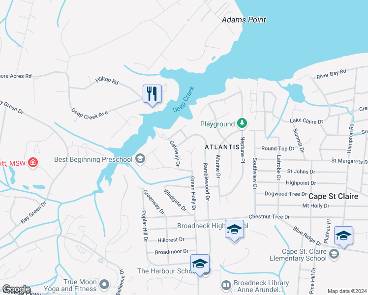 map of restaurants, bars, coffee shops, grocery stores, and more near 1170 Green Holly Court in Annapolis