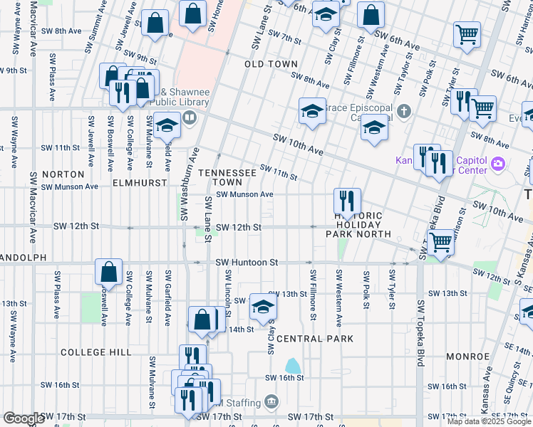 map of restaurants, bars, coffee shops, grocery stores, and more near 1180 Southwest Buchanan Street in Topeka
