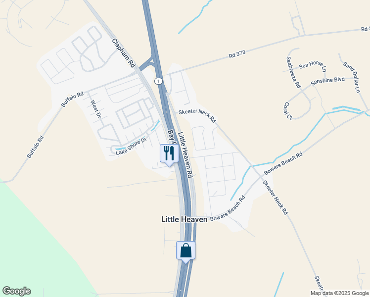 map of restaurants, bars, coffee shops, grocery stores, and more near 7888 Bay Road in Frederica