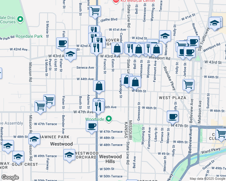 map of restaurants, bars, coffee shops, grocery stores, and more near West 45th Avenue & Eaton Street in Kansas City