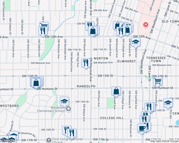 map of restaurants, bars, coffee shops, grocery stores, and more near 1180 Southwest Macvicar Avenue in Topeka