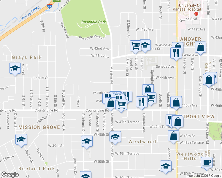 map of restaurants, bars, coffee shops, grocery stores, and more near 4428 Mission Road in Kansas City