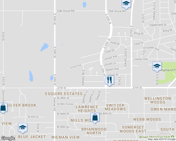 map of restaurants, bars, coffee shops, grocery stores, and more near 3030 South 56th Street in Kansas City