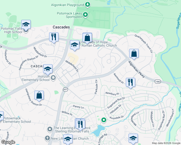 map of restaurants, bars, coffee shops, grocery stores, and more near 46825 Lawnes Creek Terrace in Sterling