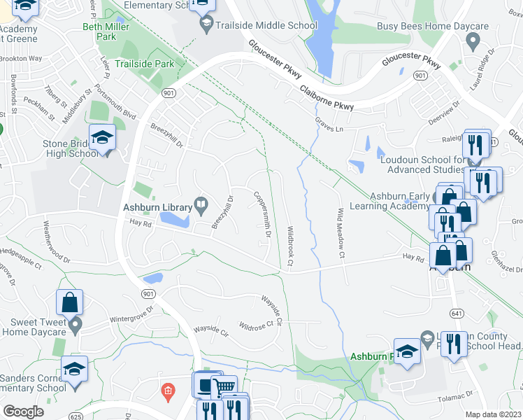 map of restaurants, bars, coffee shops, grocery stores, and more near 20611 Coppersmith Drive in Ashburn