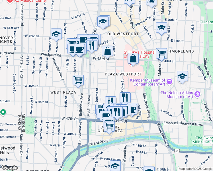 map of restaurants, bars, coffee shops, grocery stores, and more near 4448 Jefferson Street in Kansas City