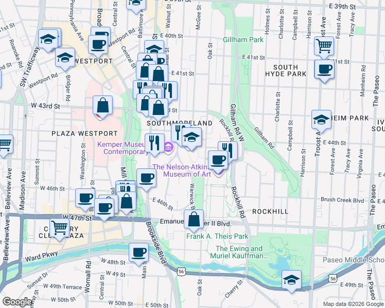 map of restaurants, bars, coffee shops, grocery stores, and more near 4415 Warwick Boulevard in Kansas City