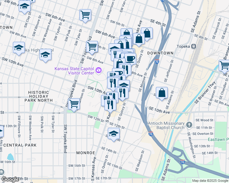 map of restaurants, bars, coffee shops, grocery stores, and more near 927 S Kansas Ave in Topeka