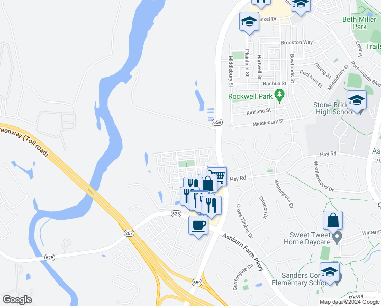 map of restaurants, bars, coffee shops, grocery stores, and more near 42743 Keiller Terrace in Ashburn