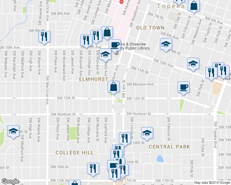 map of restaurants, bars, coffee shops, grocery stores, and more near 1182 Southwest Washburn Avenue in Topeka