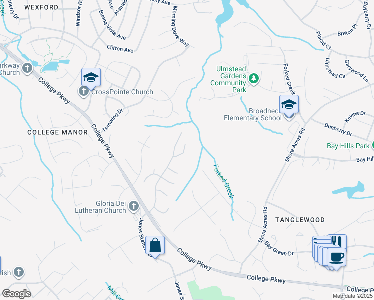 map of restaurants, bars, coffee shops, grocery stores, and more near 1244 Birchcrest Court in Arnold