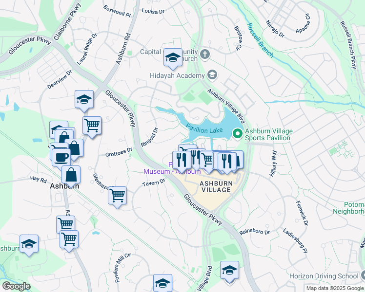 map of restaurants, bars, coffee shops, grocery stores, and more near 44082 Natalie Terrace in Ashburn