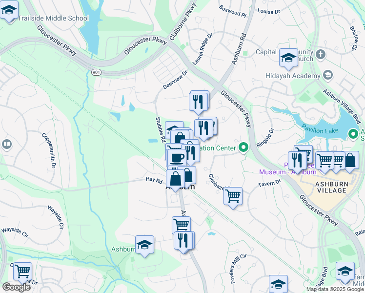map of restaurants, bars, coffee shops, grocery stores, and more near 20600 Gordon Park Square in Ashburn
