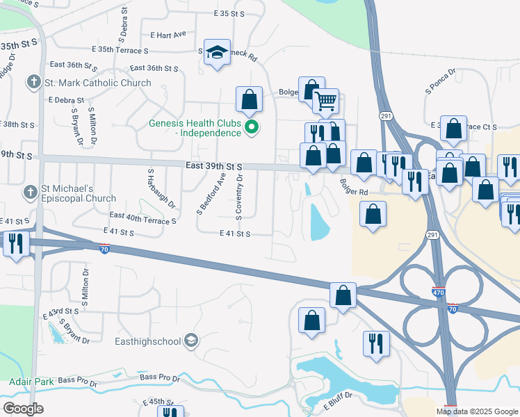 map of restaurants, bars, coffee shops, grocery stores, and more near 4005 South Maybrook Avenue in Independence