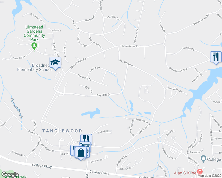 map of restaurants, bars, coffee shops, grocery stores, and more near 639 Dunberry Drive in Arnold