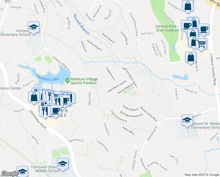 map of restaurants, bars, coffee shops, grocery stores, and more near 44380 Adare Manor Square in Ashburn