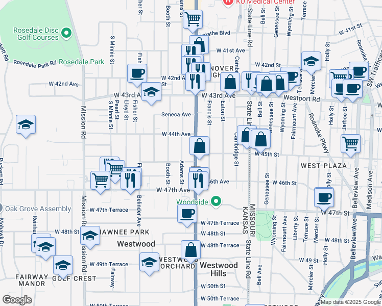 map of restaurants, bars, coffee shops, grocery stores, and more near 4466 Rainbow Boulevard in Kansas City