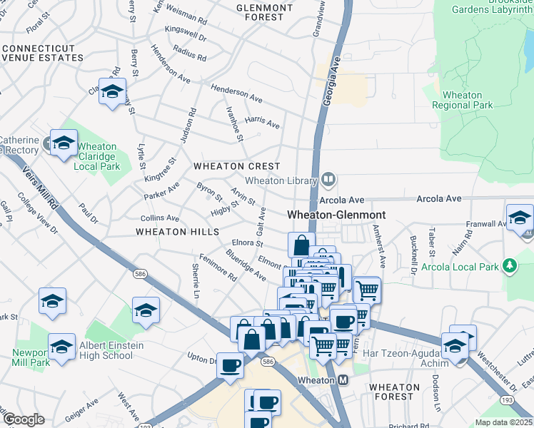 map of restaurants, bars, coffee shops, grocery stores, and more near 11605 Galt Avenue in Silver Spring