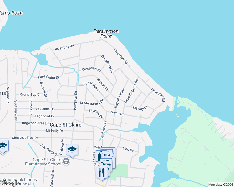 map of restaurants, bars, coffee shops, grocery stores, and more near 1045 Saint Margarets Drive in Annapolis