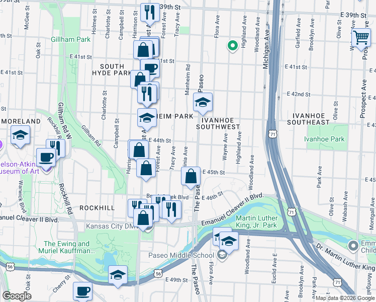 map of restaurants, bars, coffee shops, grocery stores, and more near 4417 Virginia Avenue in Kansas City
