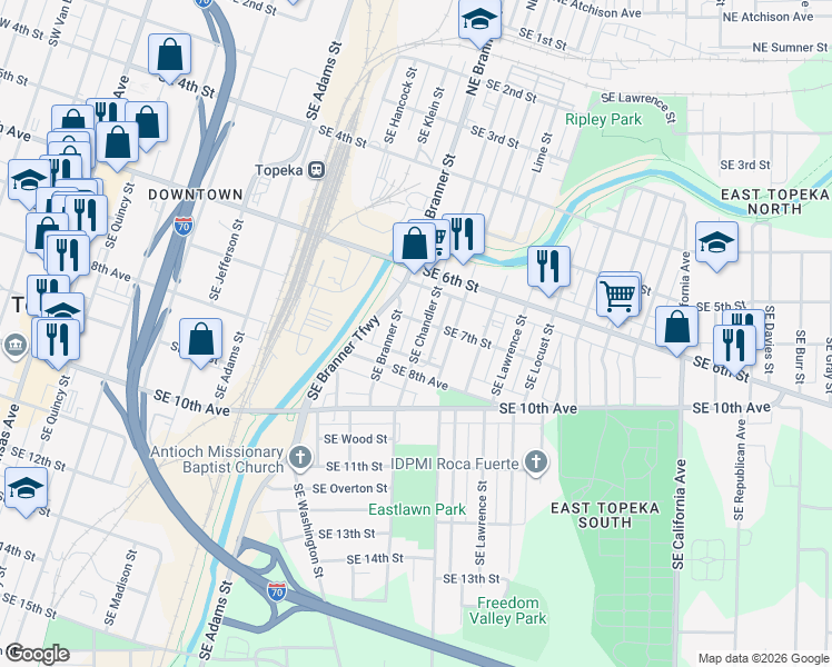 map of restaurants, bars, coffee shops, grocery stores, and more near 707 Southeast Chandler Street in Topeka