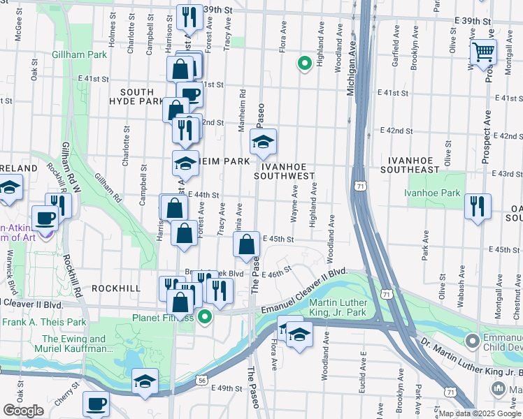 map of restaurants, bars, coffee shops, grocery stores, and more near 4409 The Paseo in Kansas City