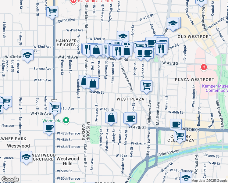 map of restaurants, bars, coffee shops, grocery stores, and more near 4447 Fairmount Avenue in Kansas City