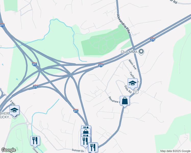 map of restaurants, bars, coffee shops, grocery stores, and more near 102 Dietrich Drive in Highland Heights
