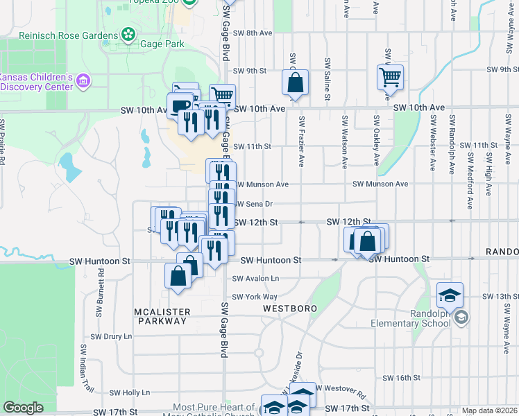 map of restaurants, bars, coffee shops, grocery stores, and more near 3803 Southwest Sena Drive in Topeka