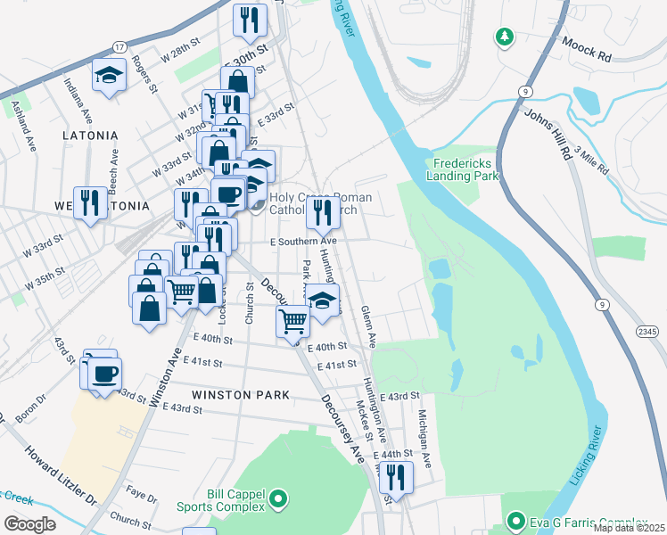 map of restaurants, bars, coffee shops, grocery stores, and more near 3726 Huntington Avenue in Covington