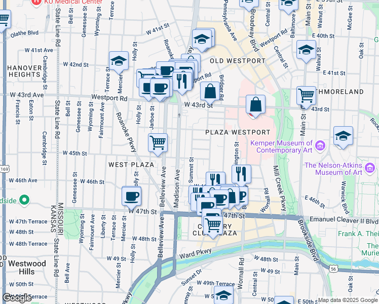 map of restaurants, bars, coffee shops, grocery stores, and more near 737 West 44th Terrace in Kansas City