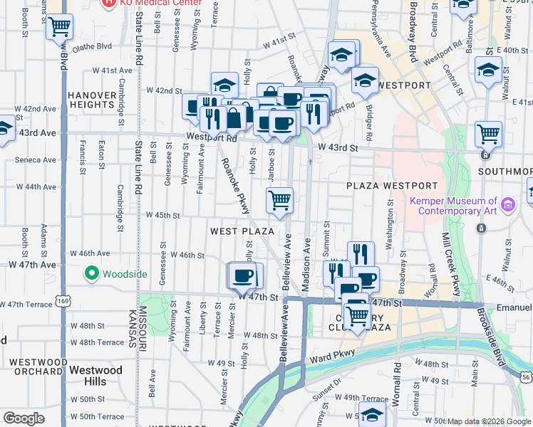 map of restaurants, bars, coffee shops, grocery stores, and more near 4444 Jarboe Street in Kansas City