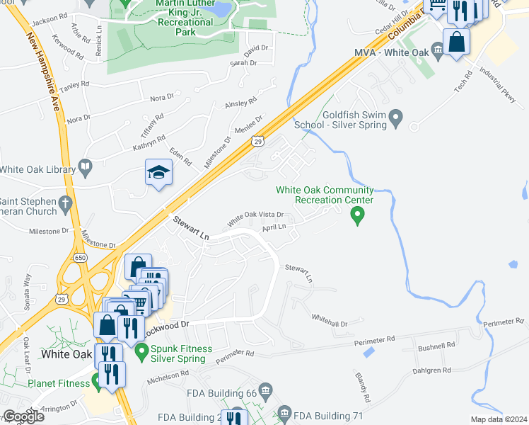 map of restaurants, bars, coffee shops, grocery stores, and more near 1646 White Oak Vista Drive in Silver Spring