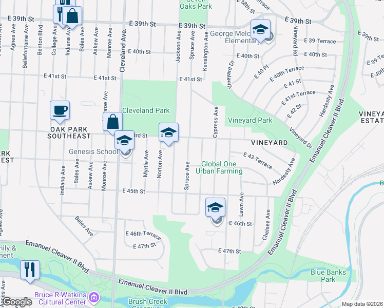 map of restaurants, bars, coffee shops, grocery stores, and more near 4324 Spruce Avenue in Kansas City