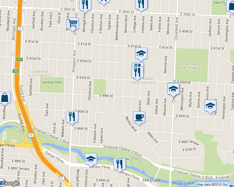map of restaurants, bars, coffee shops, grocery stores, and more near 4343 Bellefontaine Avenue in Kansas City