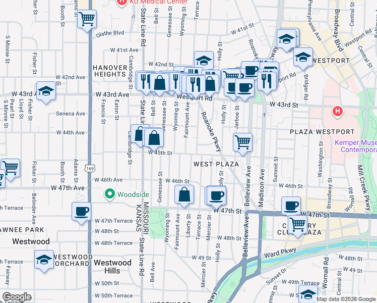 map of restaurants, bars, coffee shops, grocery stores, and more near 4447 Fairmount Avenue in Kansas City