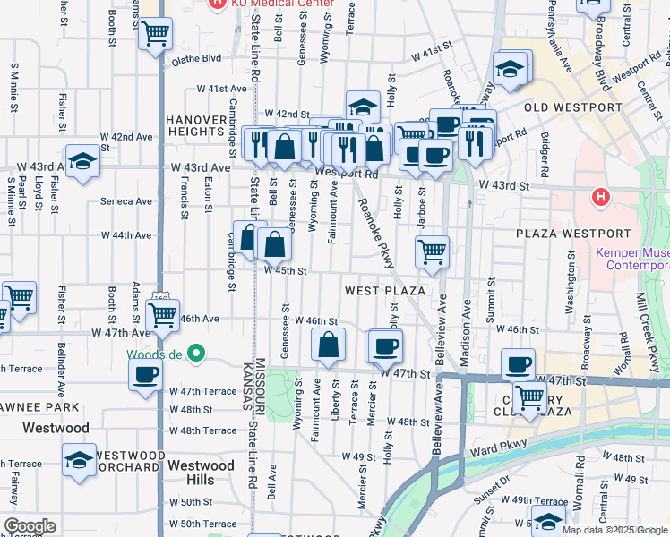 map of restaurants, bars, coffee shops, grocery stores, and more near 4447 Fairmount Avenue in Kansas City