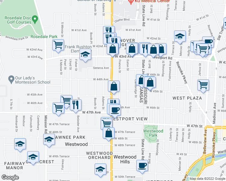 map of restaurants, bars, coffee shops, grocery stores, and more near 4462 Francis Street in Kansas City