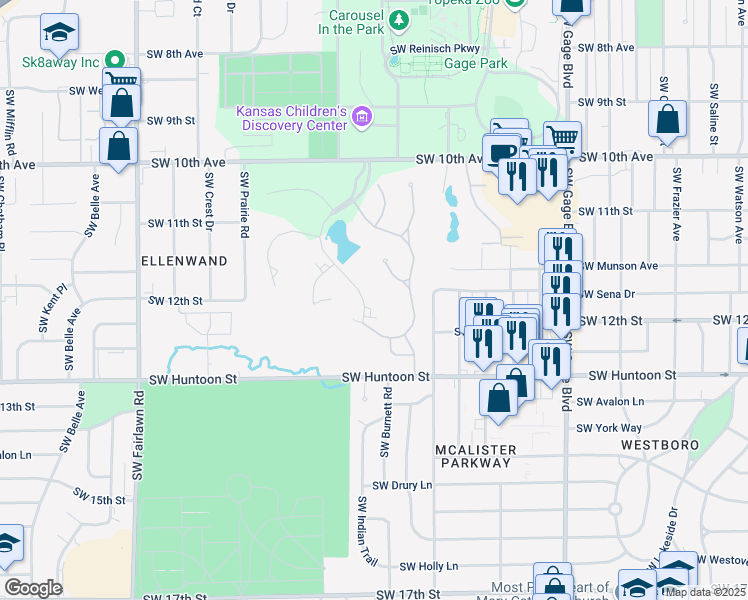 map of restaurants, bars, coffee shops, grocery stores, and more near 1208 SW Steeplechase Ln in Topeka