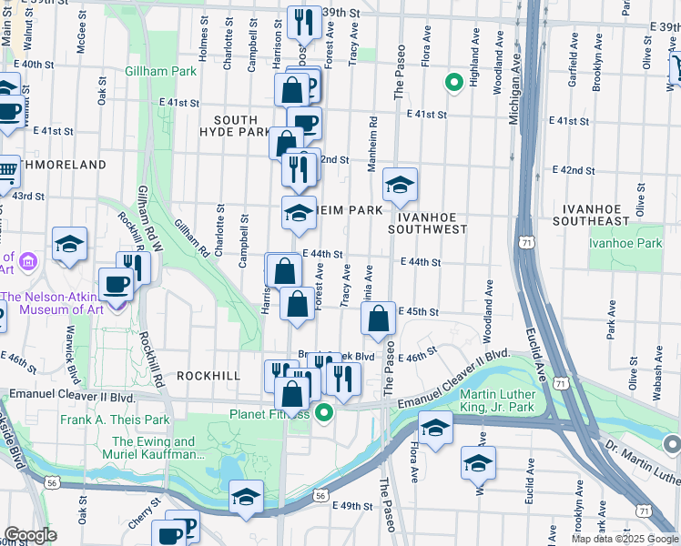 map of restaurants, bars, coffee shops, grocery stores, and more near 4416 Tracy Avenue in Kansas City