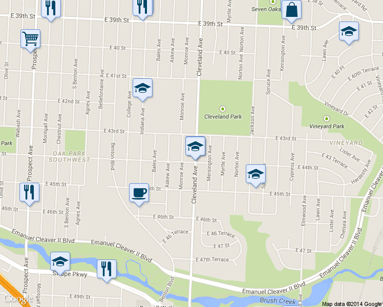 map of restaurants, bars, coffee shops, grocery stores, and more near 4332 Cleveland Avenue in Kansas City