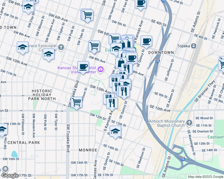 map of restaurants, bars, coffee shops, grocery stores, and more near 120 Southwest 10th Avenue in Topeka