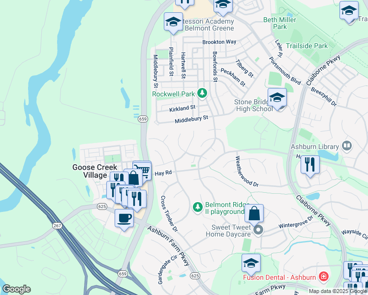 map of restaurants, bars, coffee shops, grocery stores, and more near 20628 Preakness Court in Ashburn